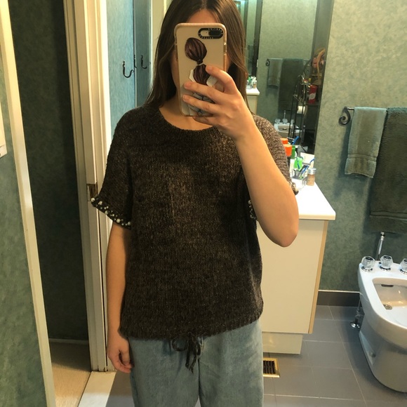 Dark Grey Short Sleeve Sweater with Pearl Details - Picture 3 of 5